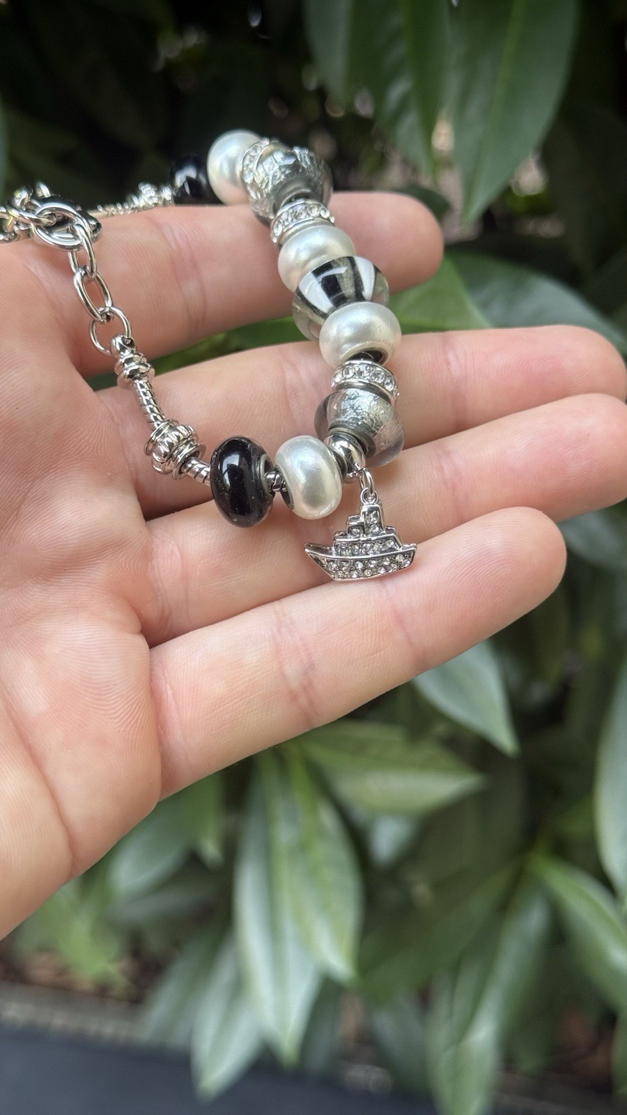 Bella Perlina Charm Bead Bracelet Silver Tone Glass Pearl Crystal w/ Gift Box
