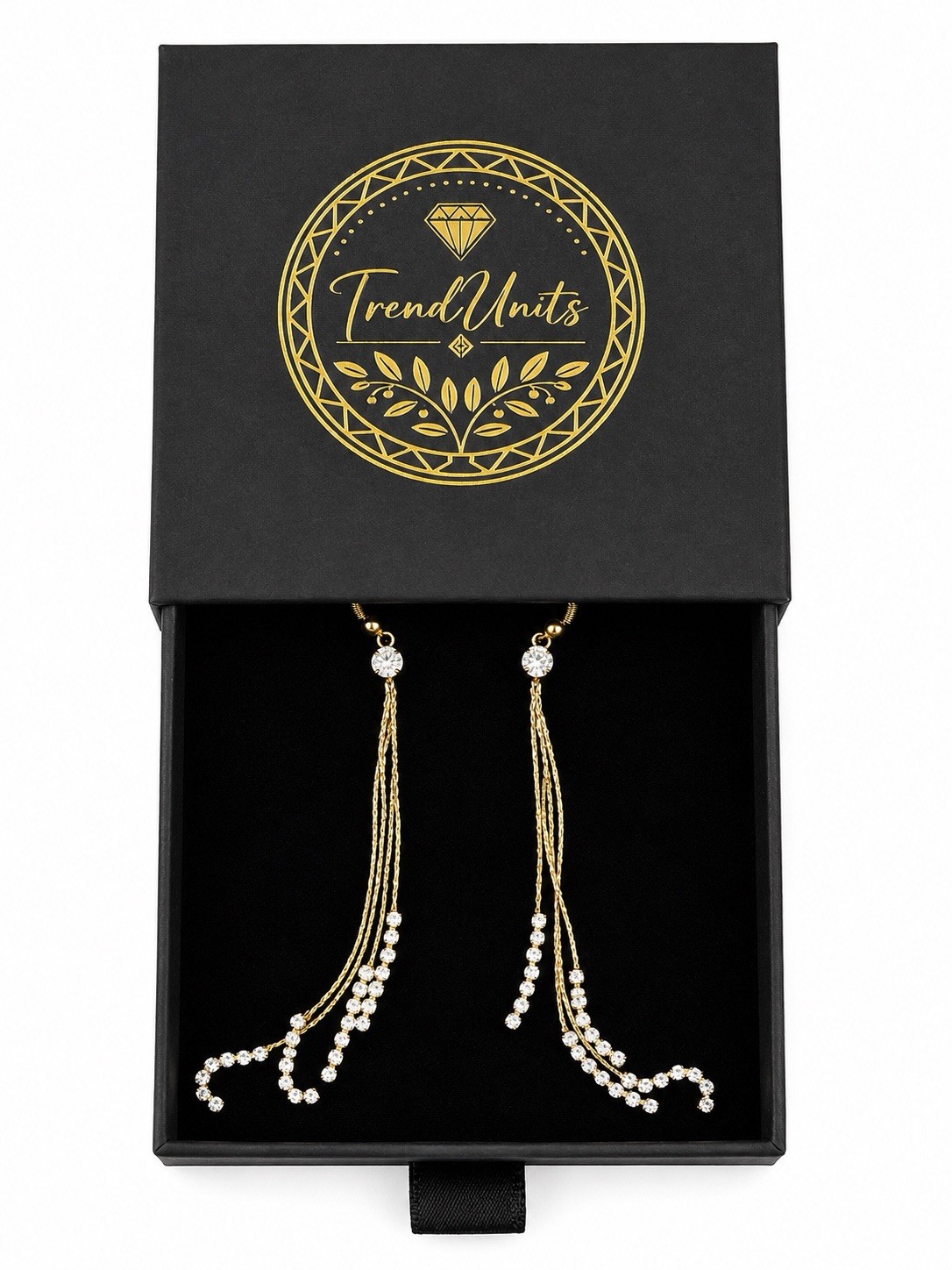 Gold Rhinestone Tassel Dangle Earrings Long Drop Bridal Gift Box Included