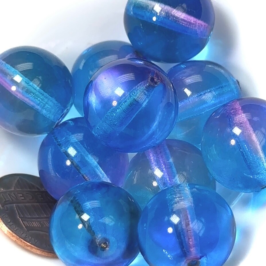 Czech Pressed Druk Round Smooth Glass Beads, 16mm 2-tone Coated Blue Purple 10p