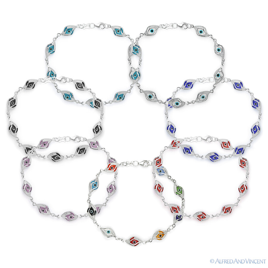 Evil Eye Bead Turkish Nazar Greek Hamsa Judaica Kabbalah Charm Silver Bracelet