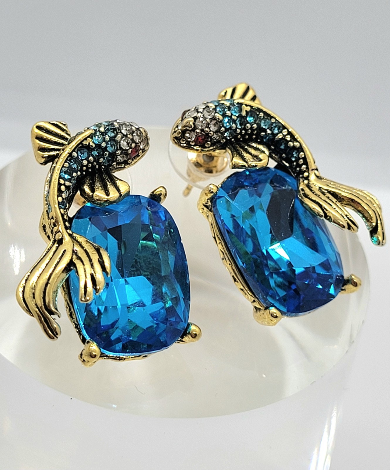 Koi Fish Earrings VTG Gold Fish BLUE Crystal Nouveau Ornate Art Deco CZ Cluster