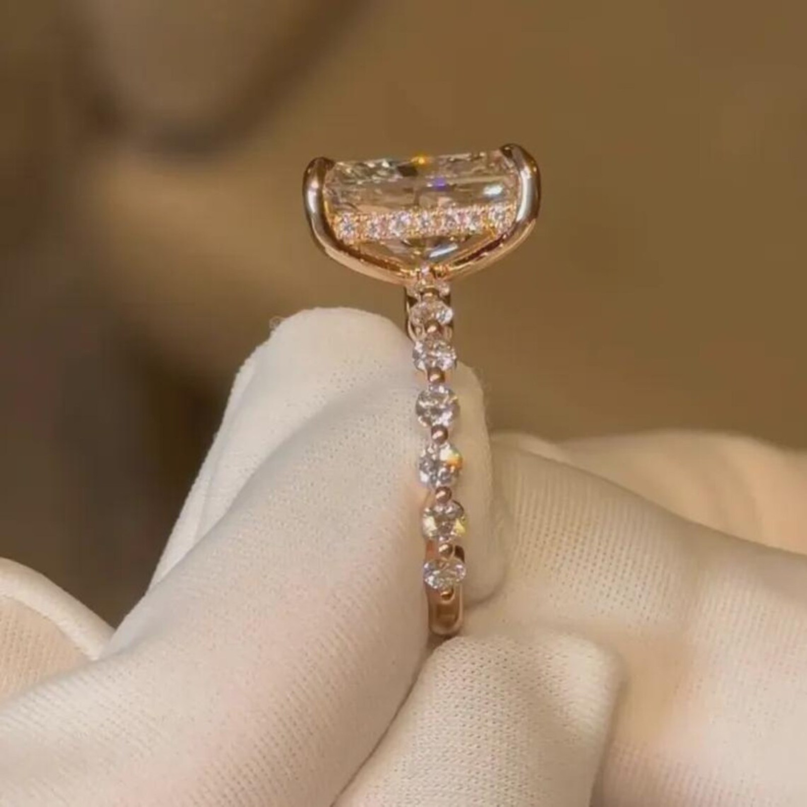 5 CT Radiant Lab Grown Diamond Engagement Ring With Twist Pave Band | 14k Gold