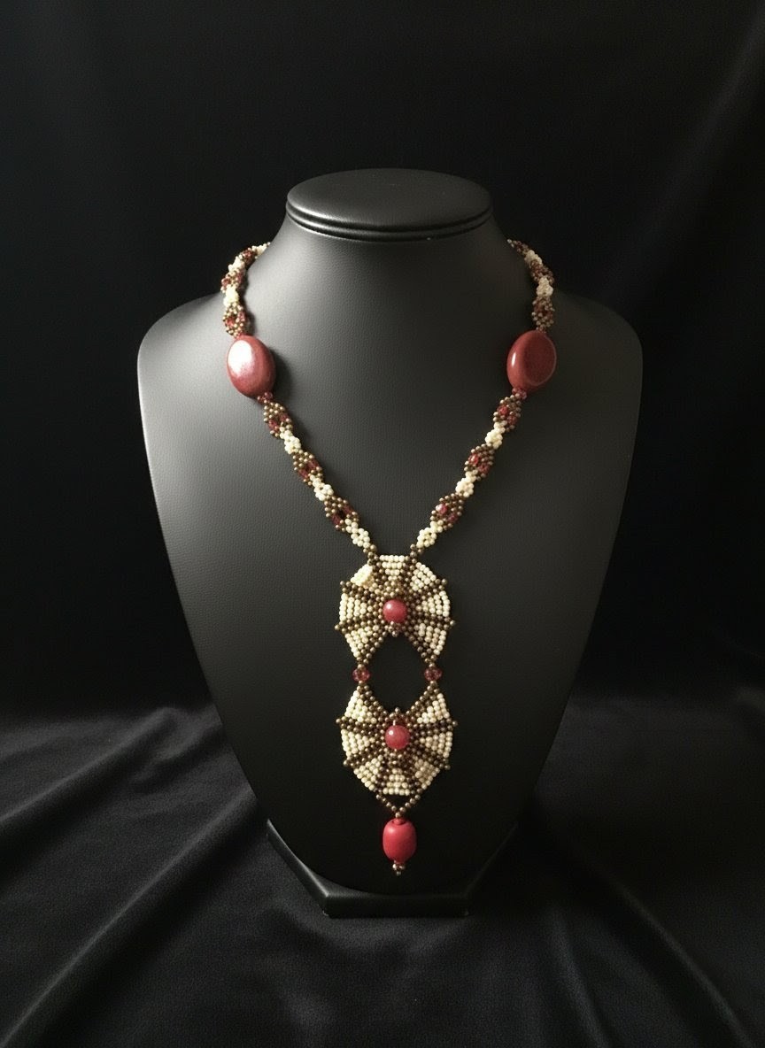 Unique Handcrafted Necklace Agate Stones Coral Bamboo Red Ethnic Long Pendant