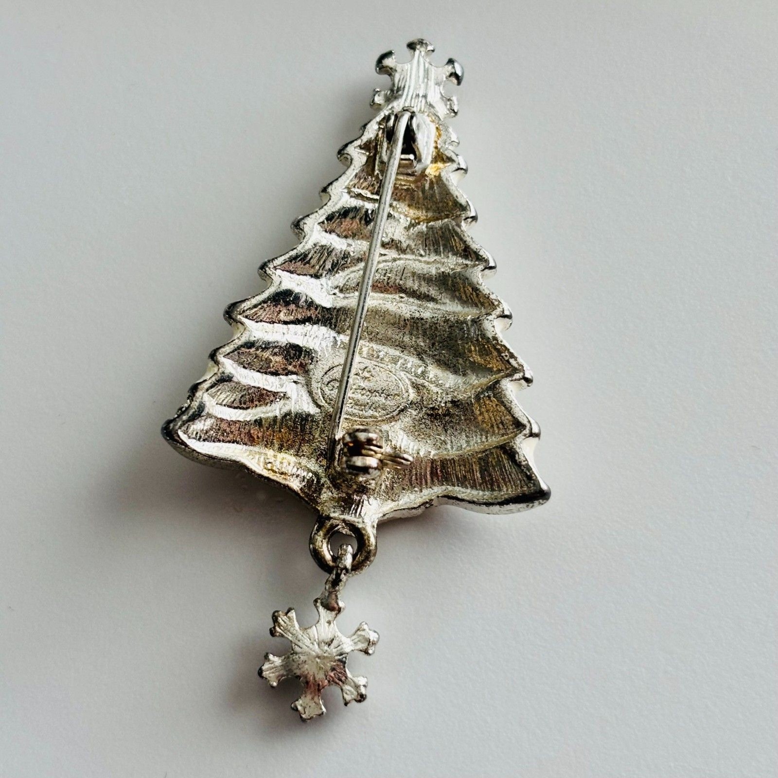 VINTAGE Christopher Radko Silver Tone Christmas Tree Brooch Dangle Snowflake