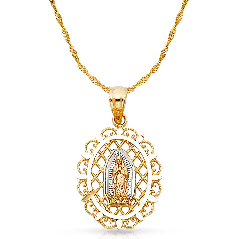 14K 3 Color Gold Guadalupe Charm Pendant & 1.2mm Singapore Chain Necklace