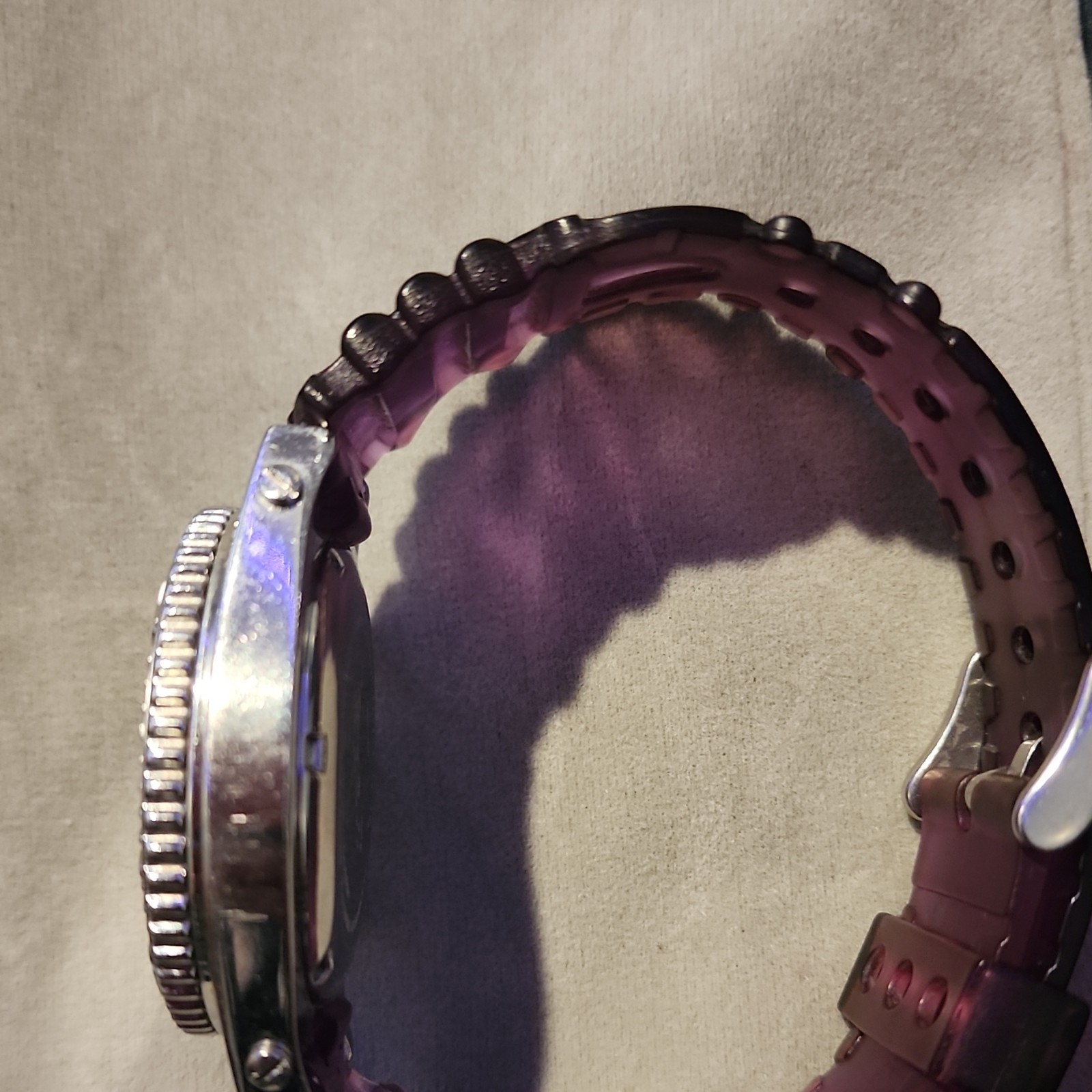 Quartz Chronograph Date Sport Watch, Silver SS Case, Purple Rubber, 50m