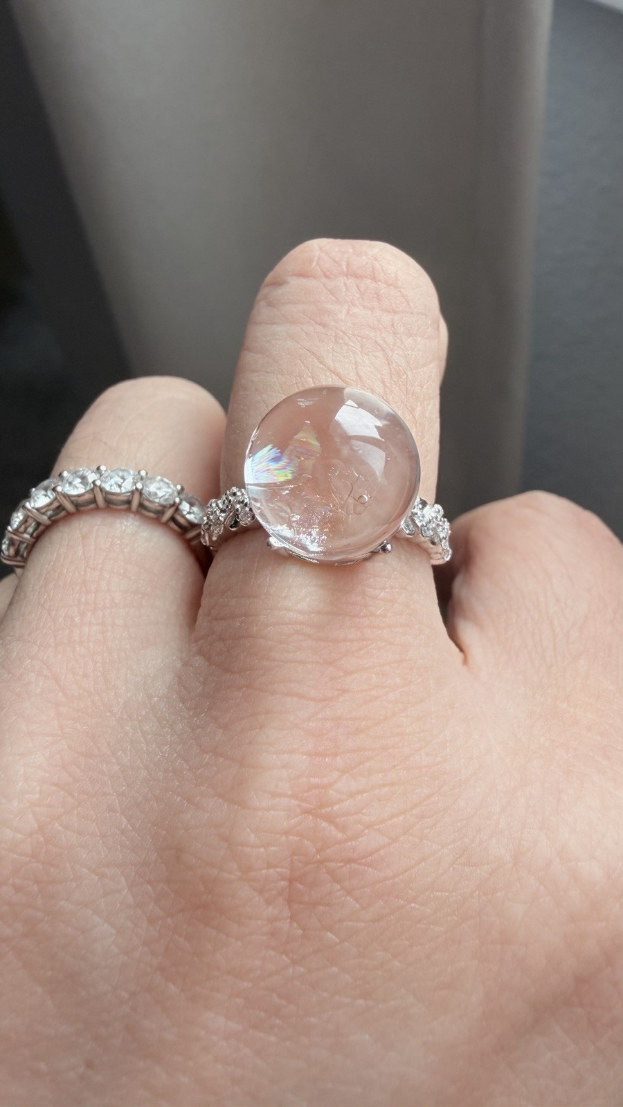 Natural Lemurian Clear Quartz Ball Ring S925 Sterling Silver With Rainbow 11.6mm