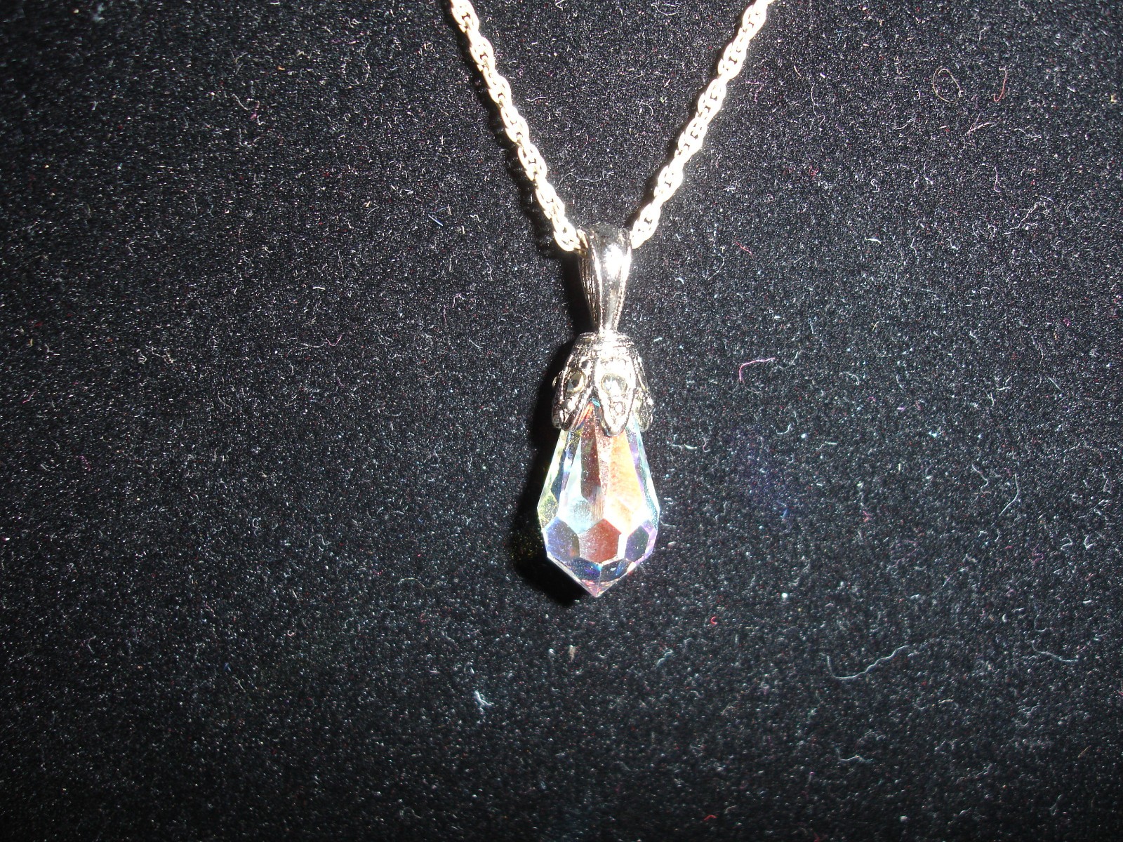 Silver Tone Necklace W/ A Faceted Tear Drop Crystal Pendant & Marcasite Stones