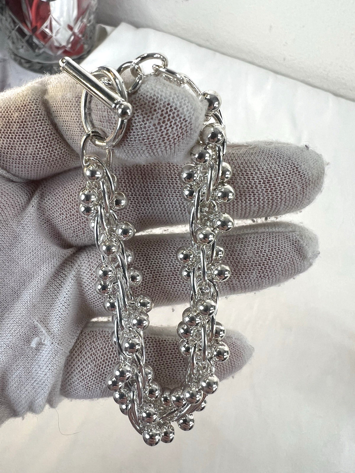 white copper silver tone DNA bracelet wears like sterling sz 7/8