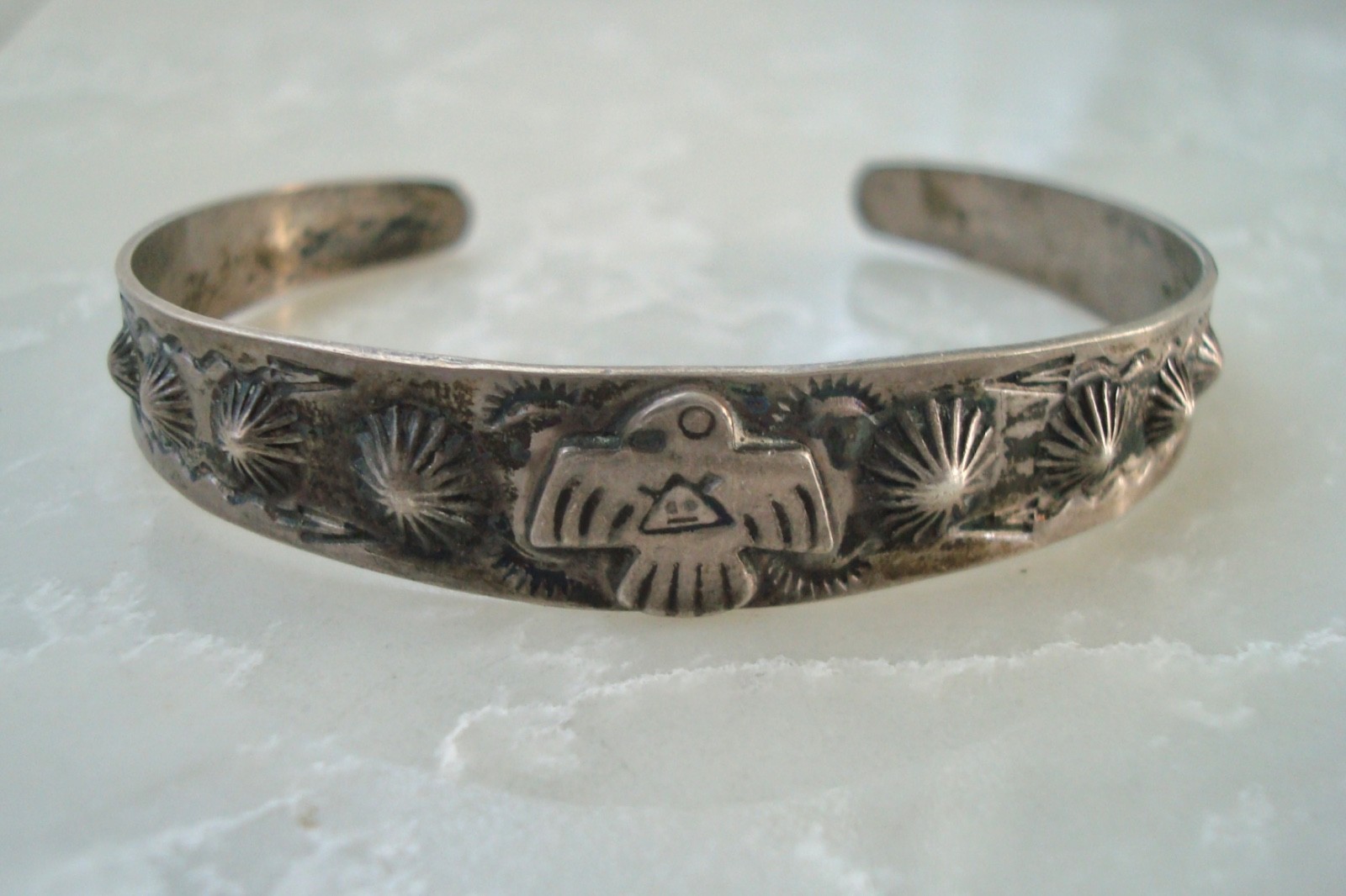 Vtg MORNING STAR THUNDERBIRD GILA MONSTER Navajo SILVER BRACELET Fred Harvey Era
