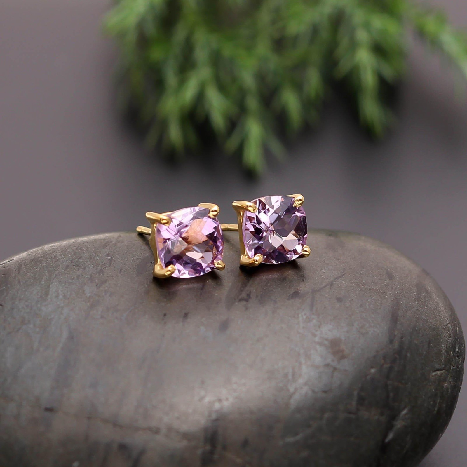 100% Natural Pink Amethyst Cushion Stud Earrings Gold Fill Solid Silver Jewelry