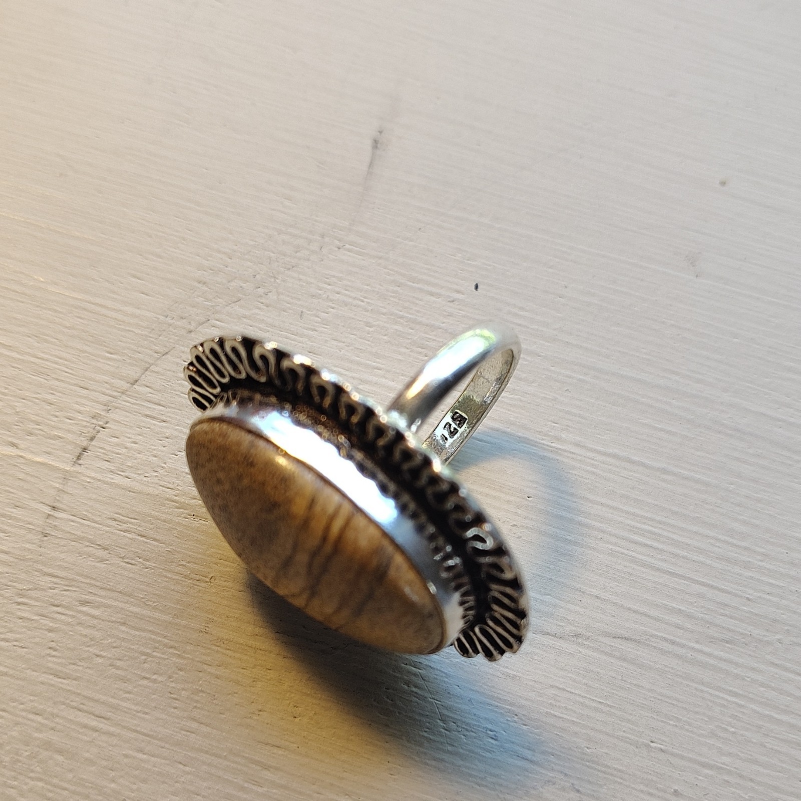 Silver Oval Brown Stone Bezel Set Statement Ring Signed