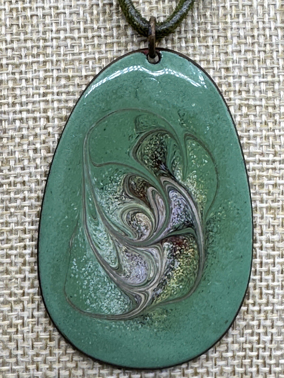 Wearable Art Necklace Enamel On Metal Pendant Dual Sided On Green Leather