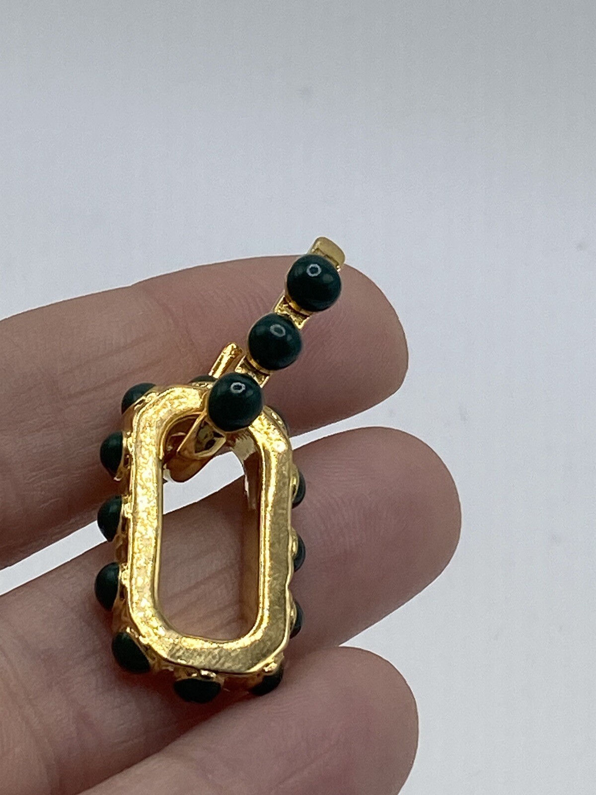 Gold Tone Double Link Chunky Rectangle Drop Earrings Green Stones 80s Statement