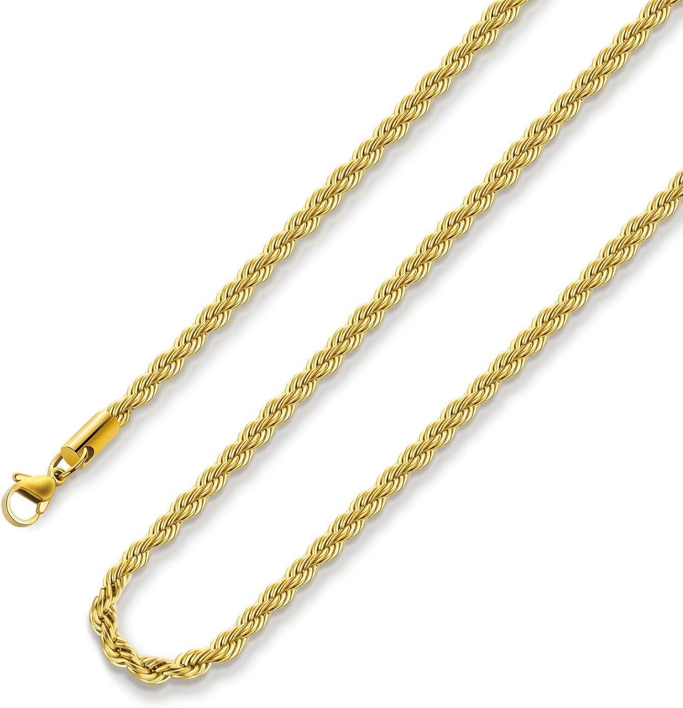 18K Gold Plated Rope Chain Necklace 1.5mm 2.5mm 5mm Stainless Steel