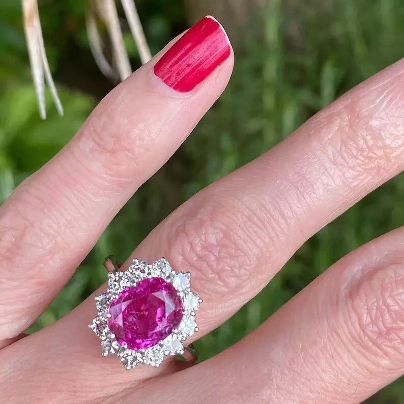 6.8 Ct Oval Cut Natural Pink Sapphire Diamond Wedding Ring 14K White Gold Size 7
