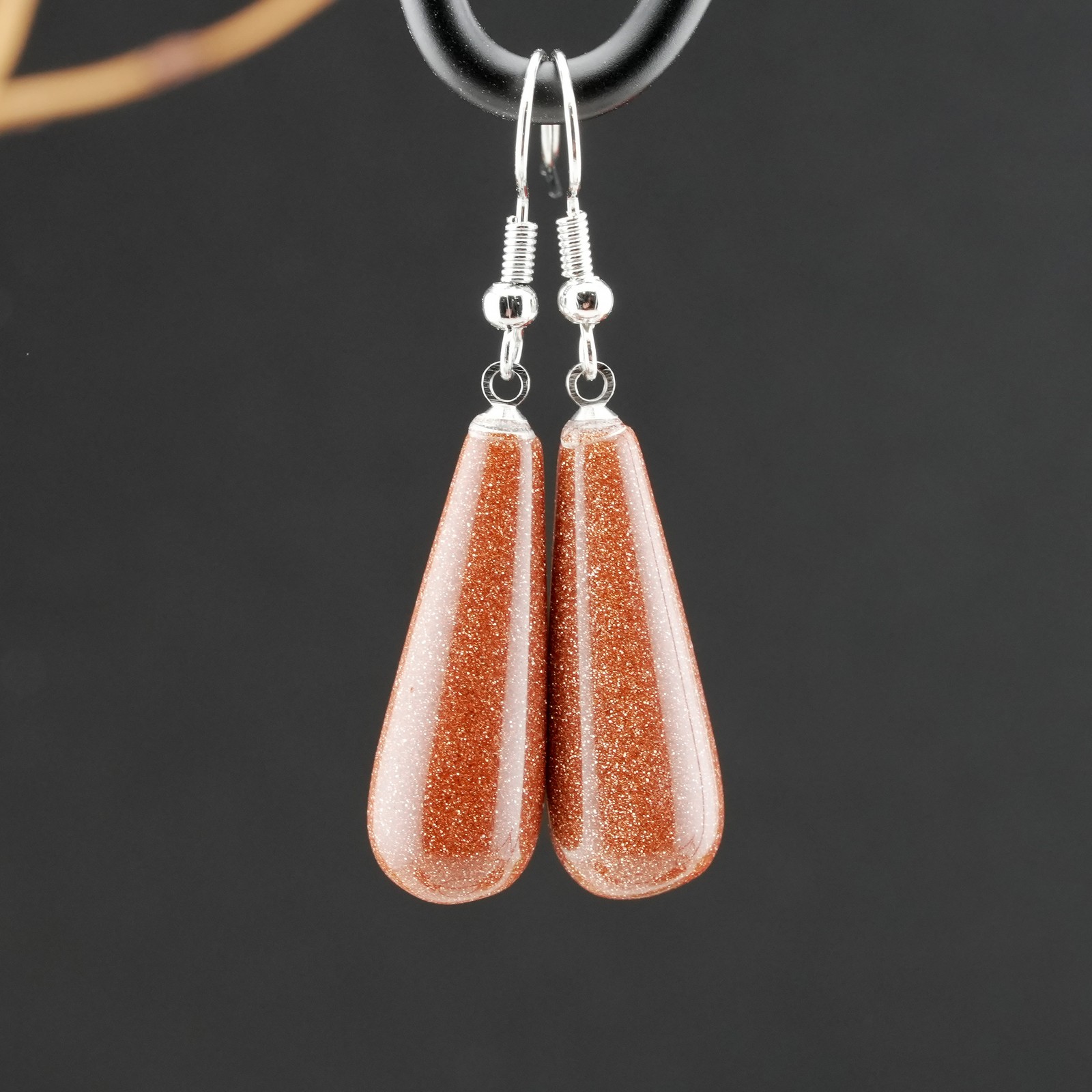 Gold Sandstone Goldstone Crystal Gemstone Teardrop Earrings Silver Jewelry Girls