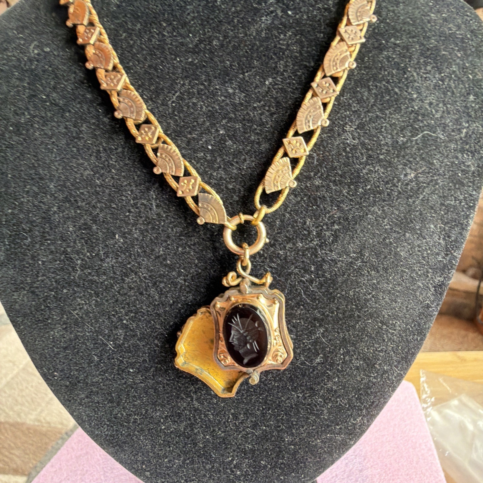 Victorian Etruscan 48g Gold Fill Book Chain Necklace Slide GF Locket Tiger Eye