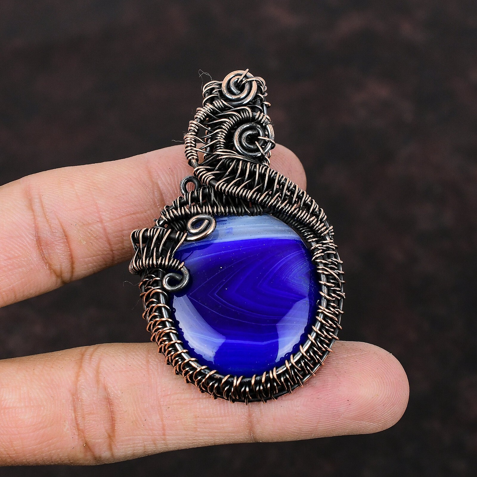 Gift For Her Copper Blue Botswana Agate Jewelry Wire Wrapped Pendant 2.56″