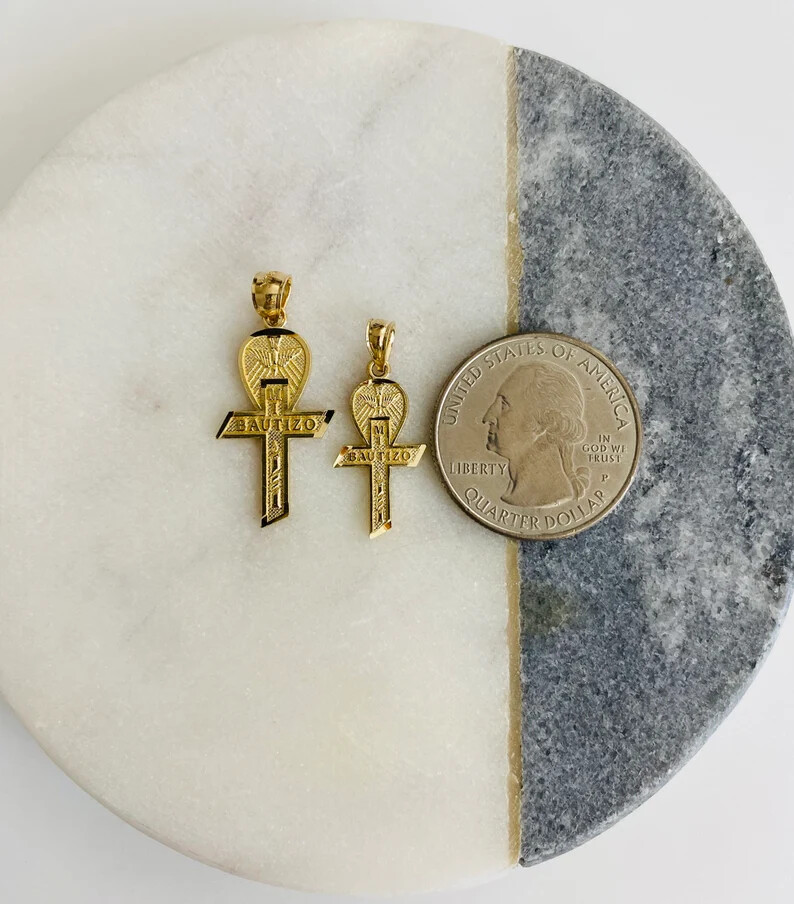 Solid 14K Yellow Gold Baptism Mi Bautizo Pendant Holy Spirit Cross Charm-PT01452