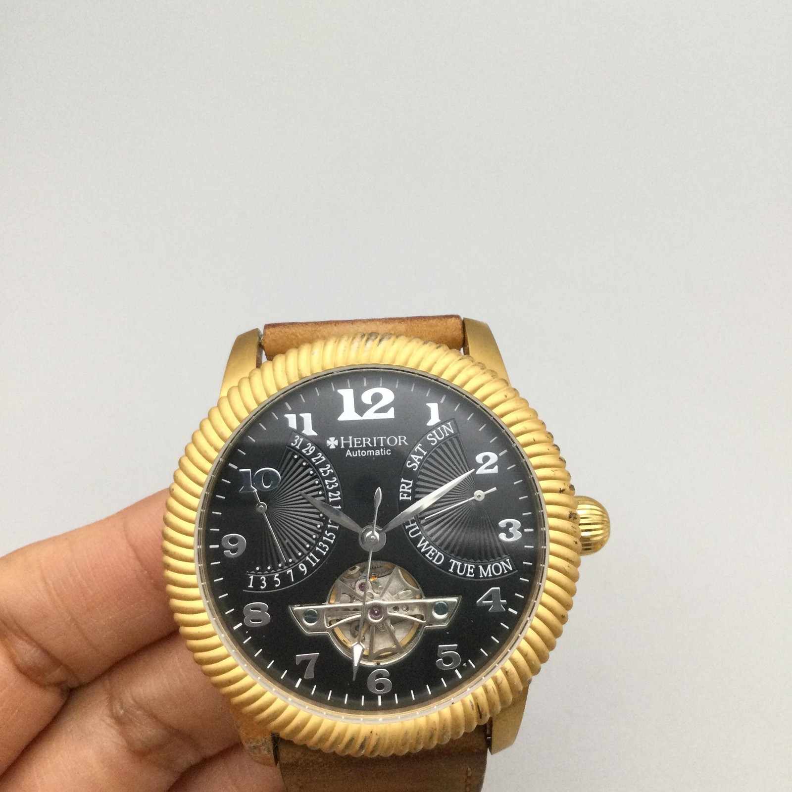 Heritor Mens Watch 45mm Gold Tone Black Dial Brown Leather Automatic Day Date
