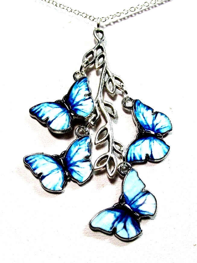 Silver Tone Blue & White Butterflies On Branch 18″ Necklace -NWOT (#3133)