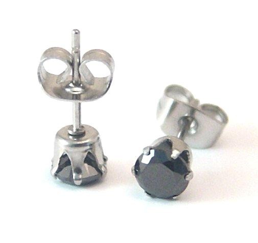 Hypoallergenic Stud Earrings Black Stones 5 mm Surgical Steel 1 carat NEW
