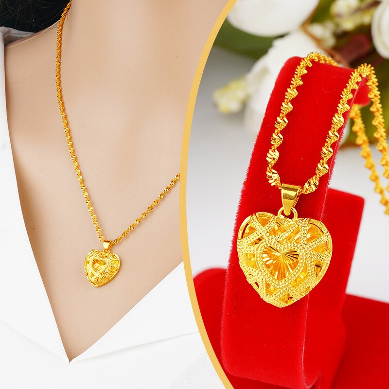 Women Hollow Heart Necklace 22k 23k 24k Thai Baht Yellow Gold Gp Necklace