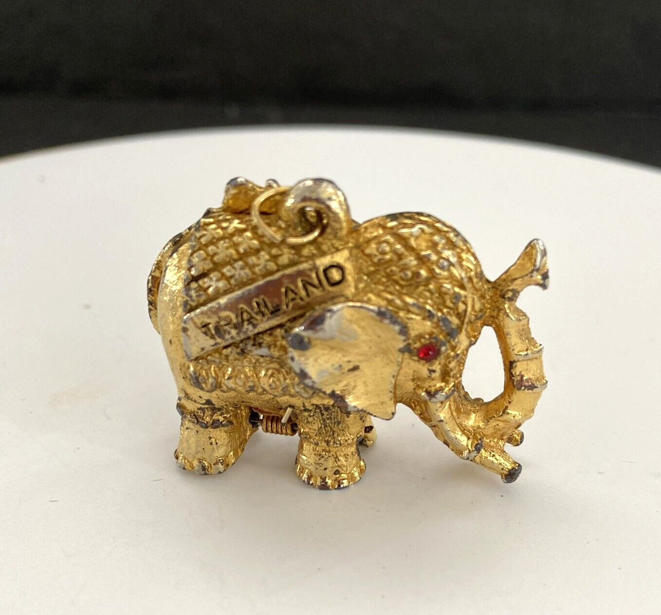 Vtg? Gold Tone Bangkok Thailand Elephant Hinged Necklace Pendant Amethyst Eyes