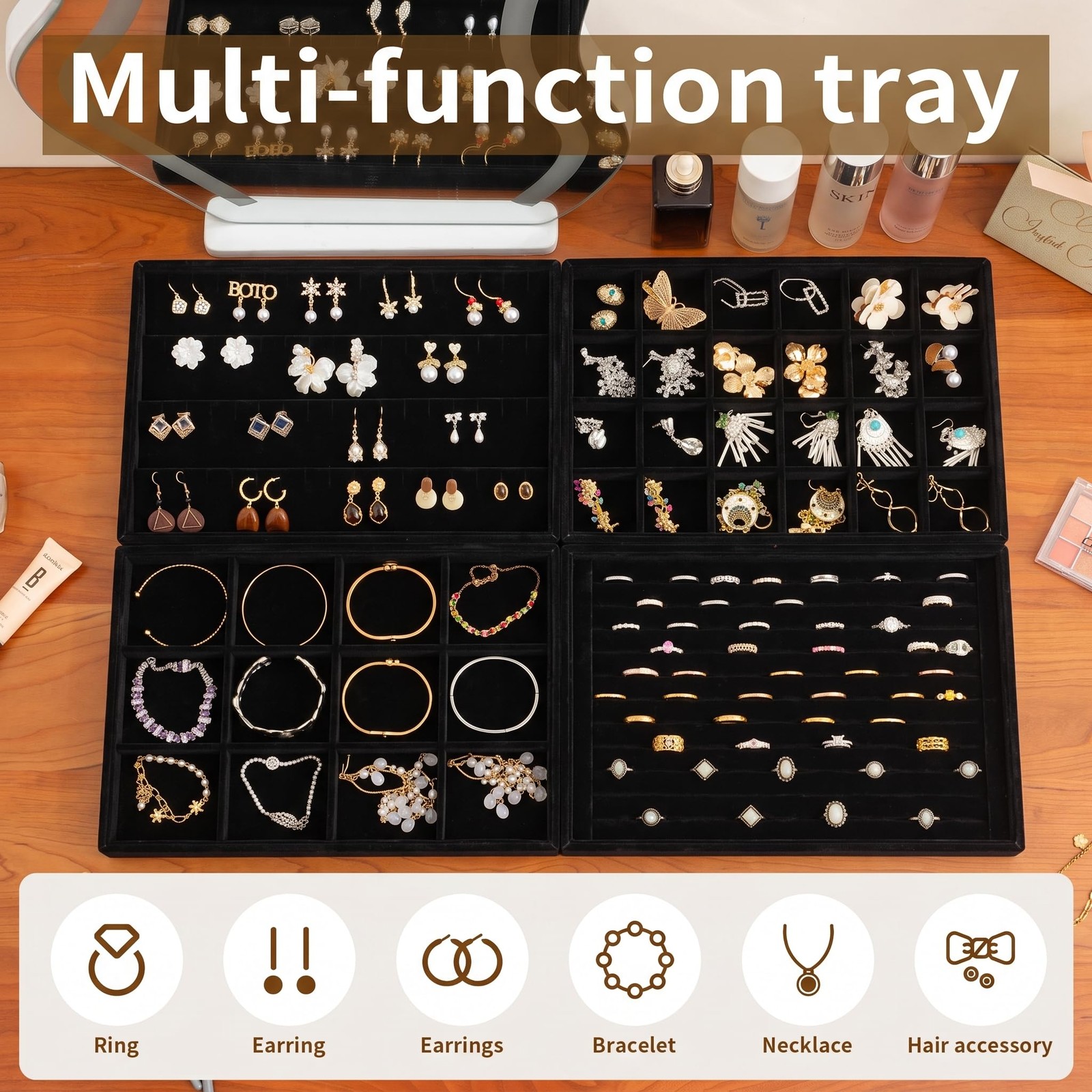 Frebeauty Jewelry Trays for Drawer,Set of 2 Organizer Set 2, Black