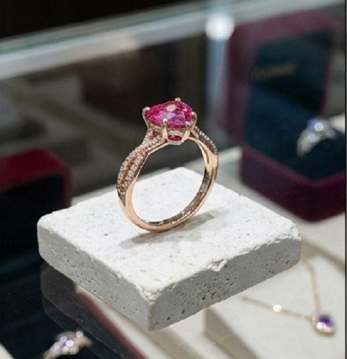 4Ct Heart Cut Simulated Pink Ruby/CZ Ring Twisted Pave Band 14k Rose Gold Finish