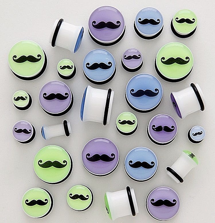 1 Pair Mustache Acrylic Single Flare Ear Plugs Gauges W/ O Rings Pick Size Color