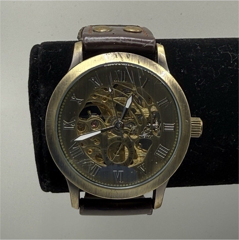 SHENHUA Men’s Skeleton Automatic Analog Watch Brown Leather Strap 45mm untested