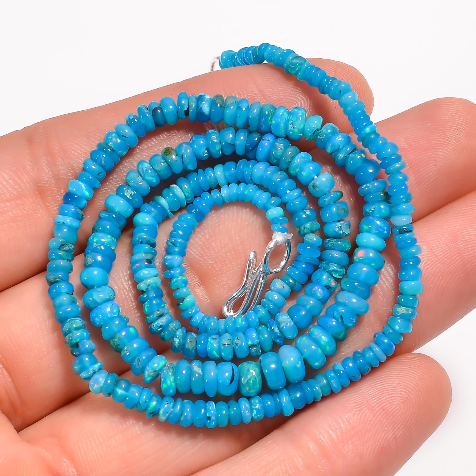 Natural Neon Blue Ethiopian Opal Rondelle Smooth Beads 2X2 5X3mm Necklace 17-18″