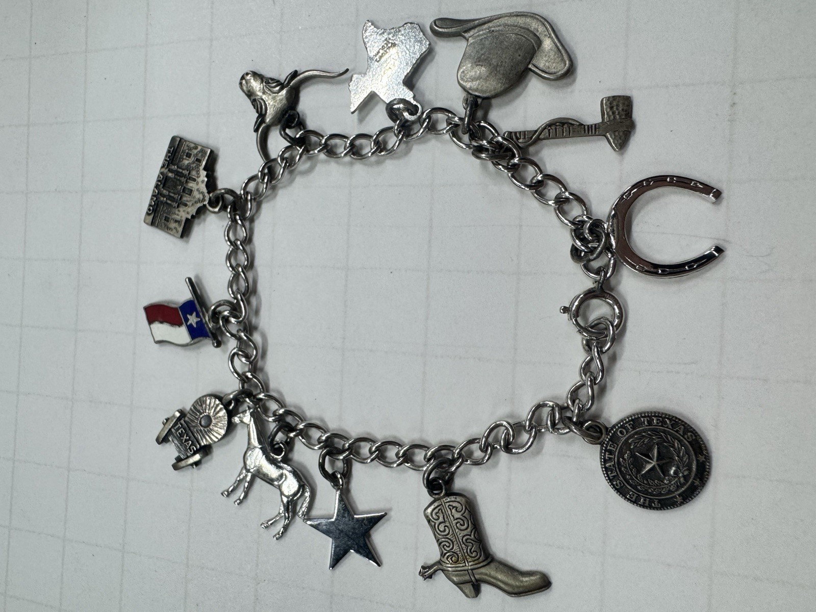 Vintage Haltoms Sterling Silver Texas Charm Bracelet Western Theme 925