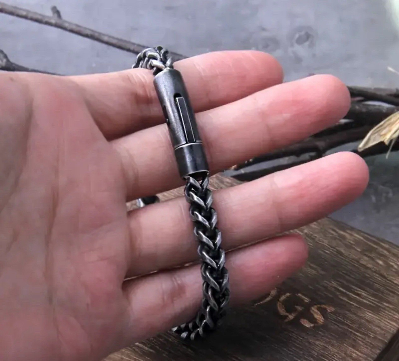 Men’s black and silver stainless steel curb chain bracelet, Viking style, 21 cm.