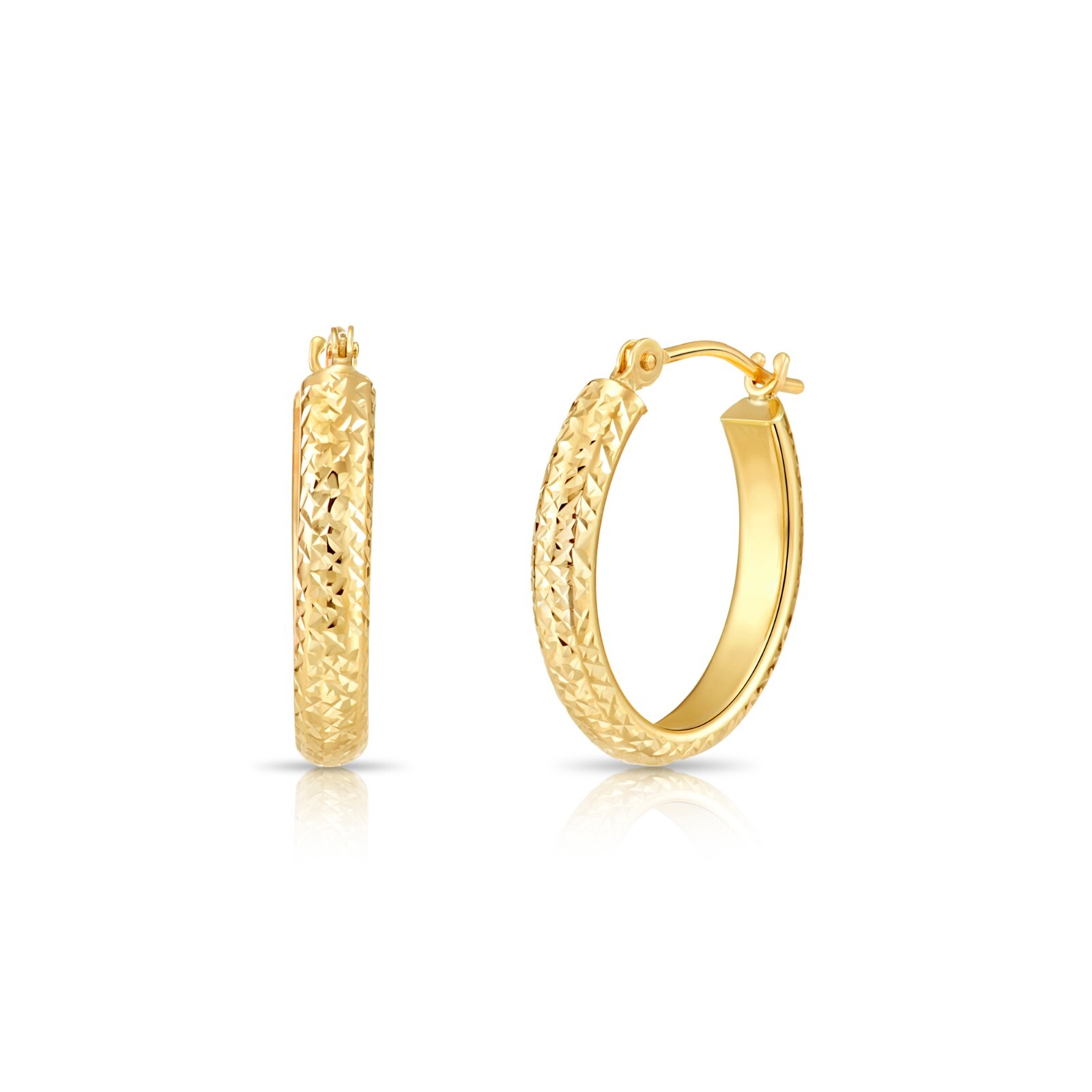 14K Real Solid Gold X Diamond-Cut Chunky Oval Creole Hoops Earrings All Size