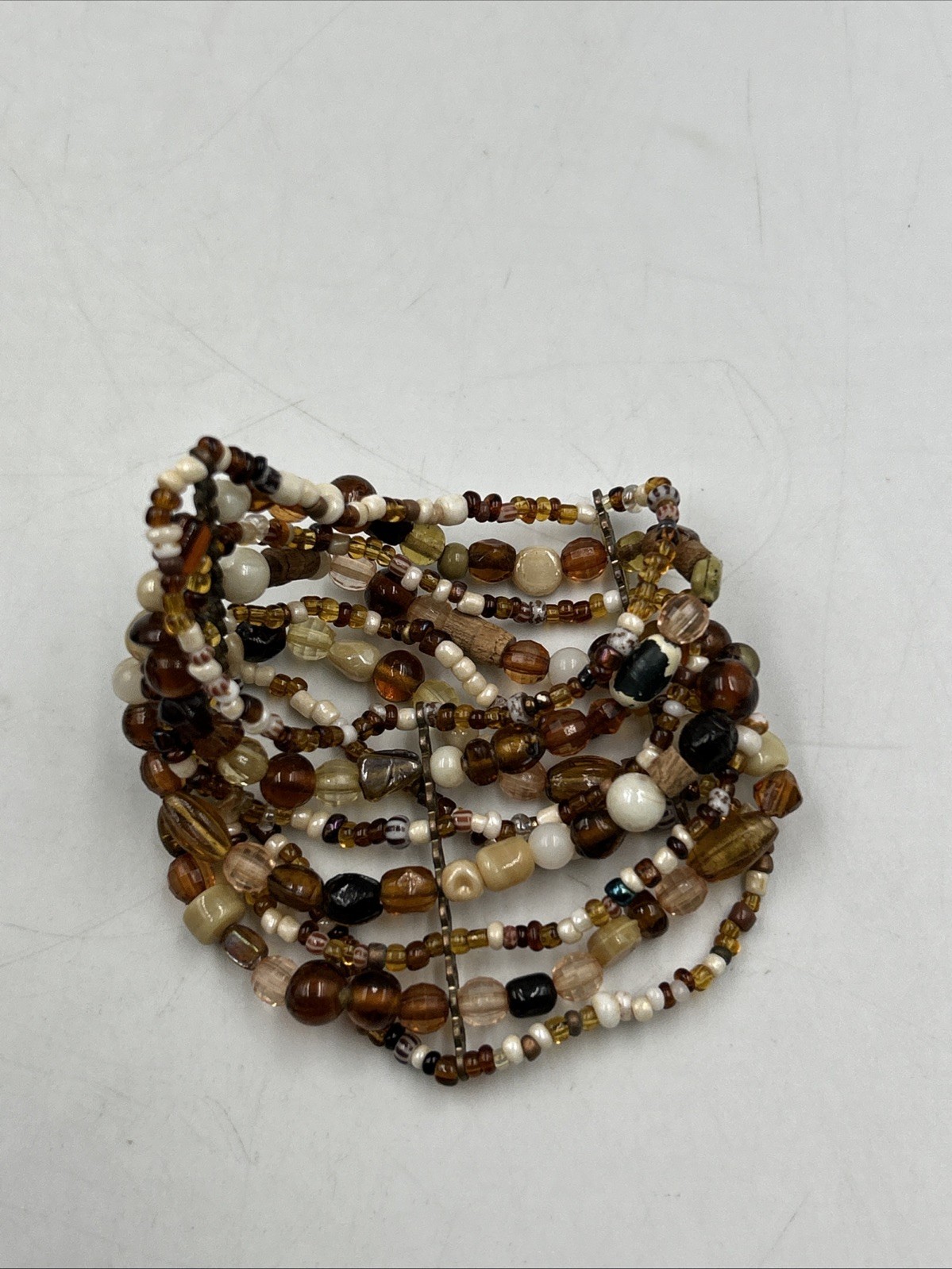 brass & brown seed bead pebble chip memory Stretch cuff bracelet 1.75″ wide