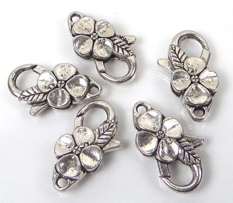 4 Antique Silver Pewter Flower Lobster Claw Clasps 25x14mm