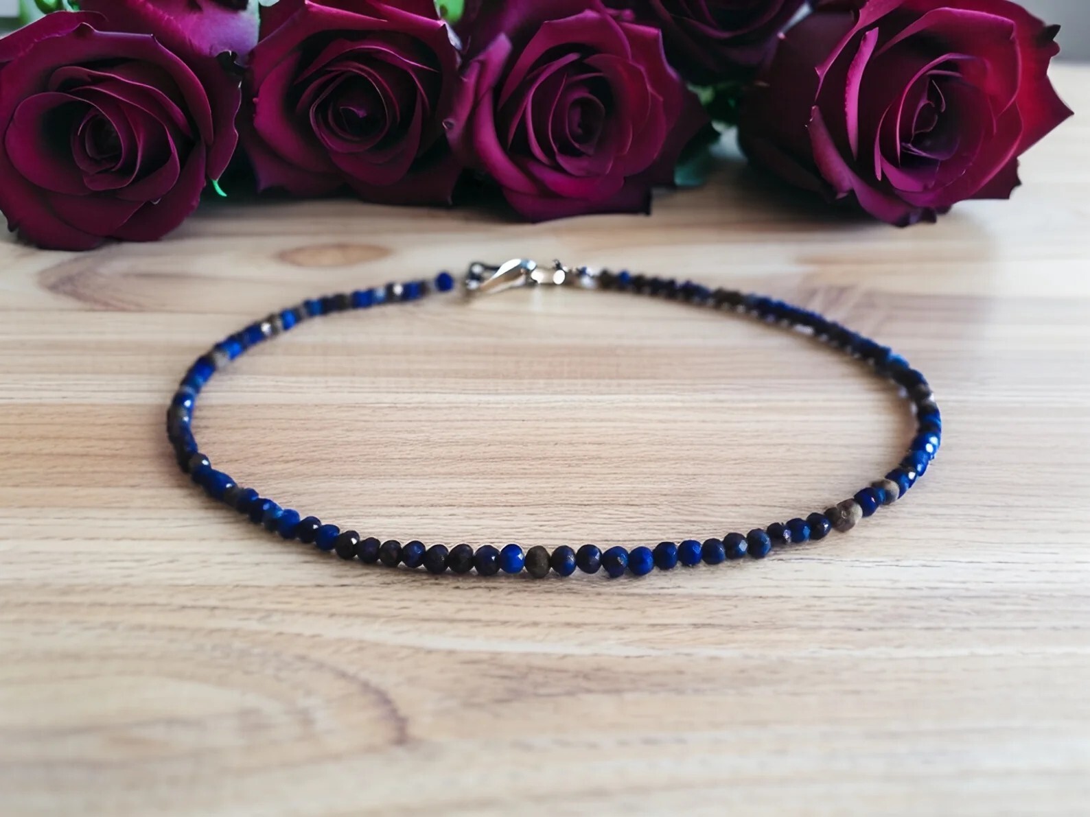Dainty Lapis Lazuli Anklet 2mm Blue Crystal Healing Birthstone Silver 925 Charm