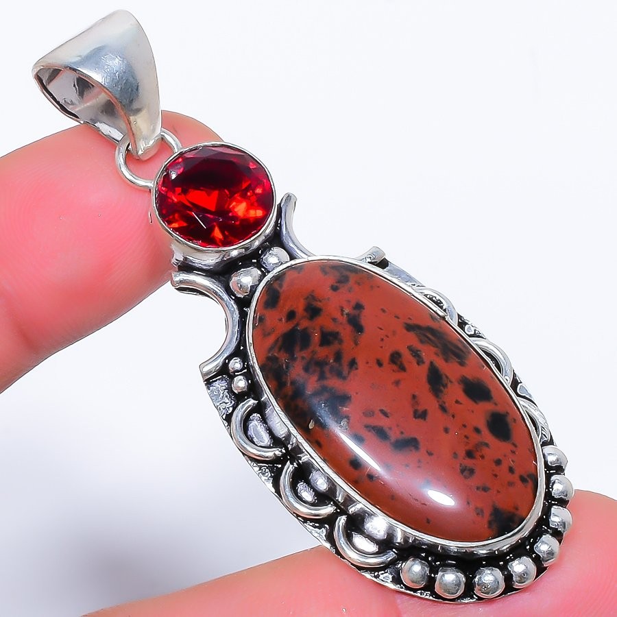 Natural Mahogany Obsidian, Garnet Gemstone 925 Silver Plated Pendant 2.4″ T861