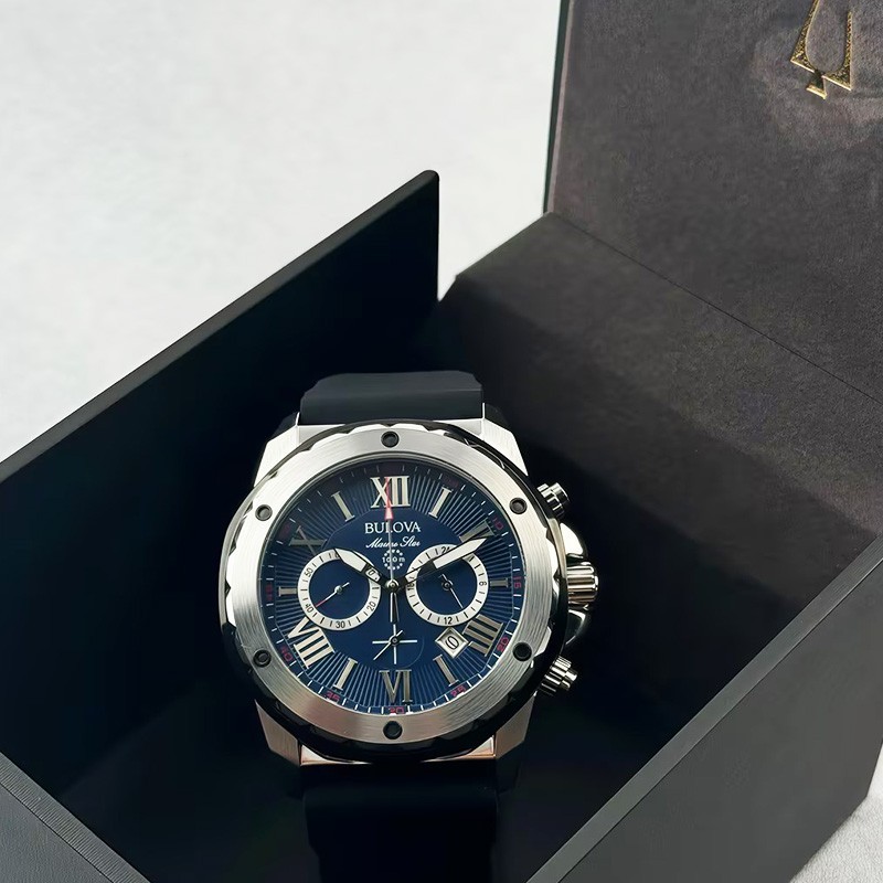 Bulova Marine Star 98B258 Blue Dial Black Rubber Strap Quartz Men’s Watch 44mm