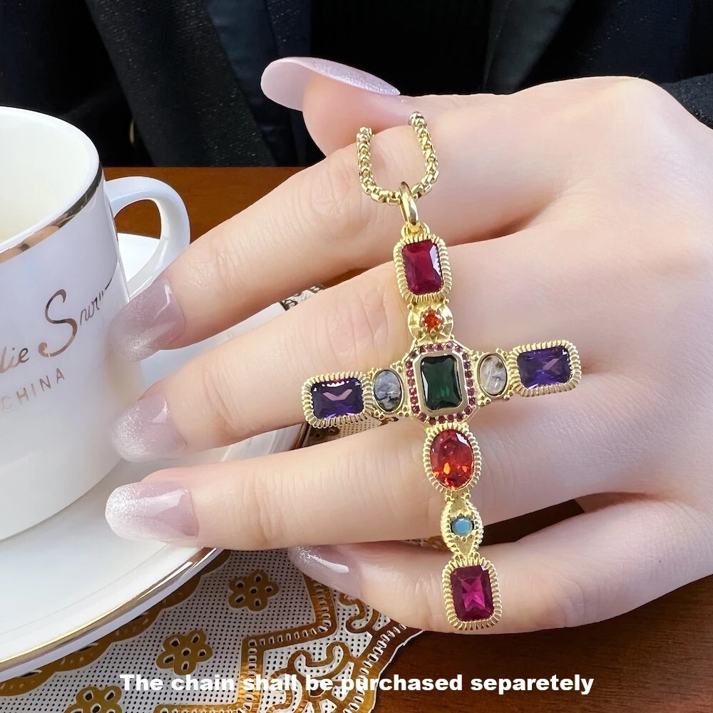 925 Sterling Silver Cross Pendant Multi Gemstone Accents YG