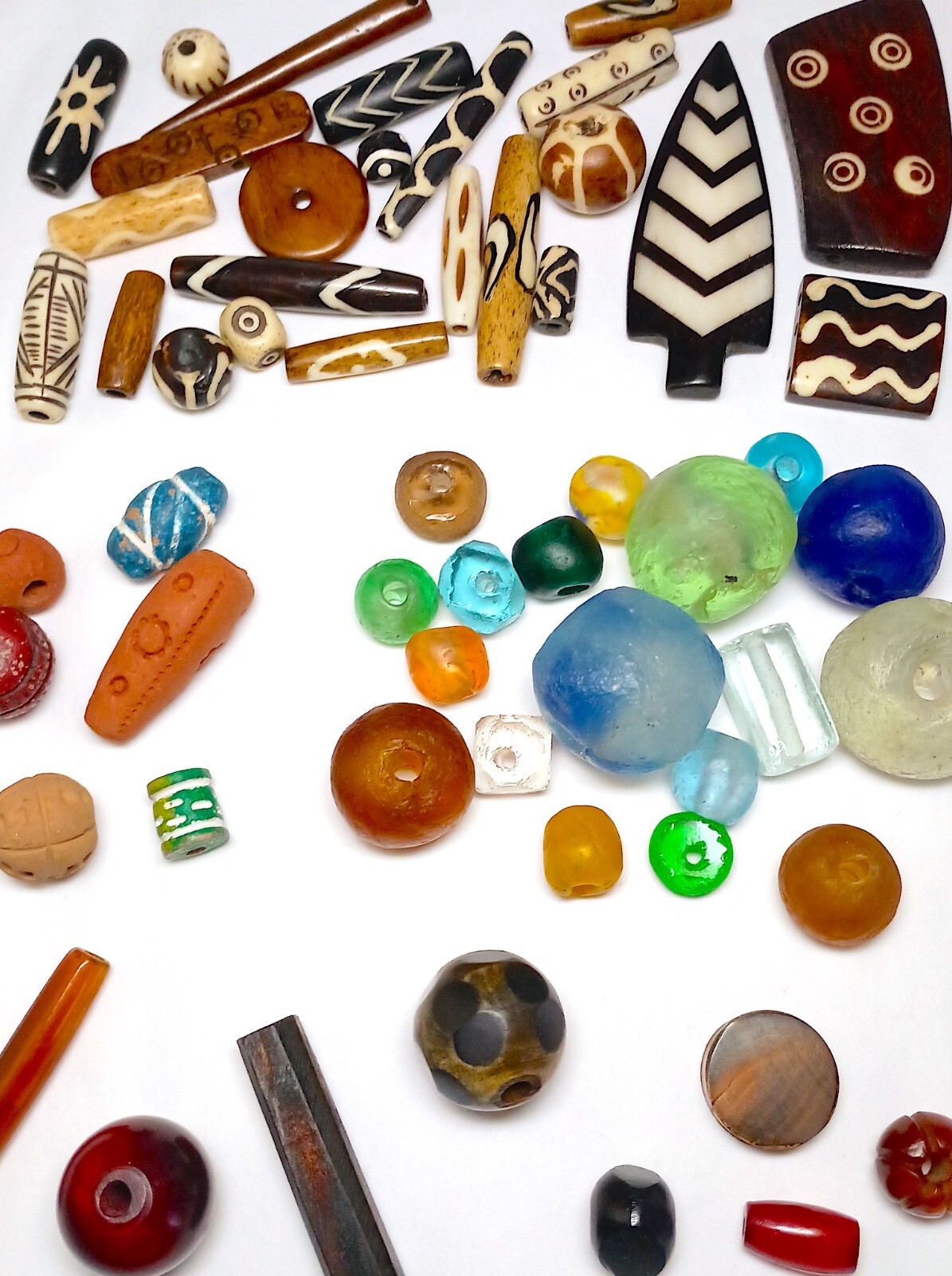 Beads, Asst, 56+ Pcs, All Recycled Materials, 6 Clay, 24 Bone, 18 Glass, 8 Horn
