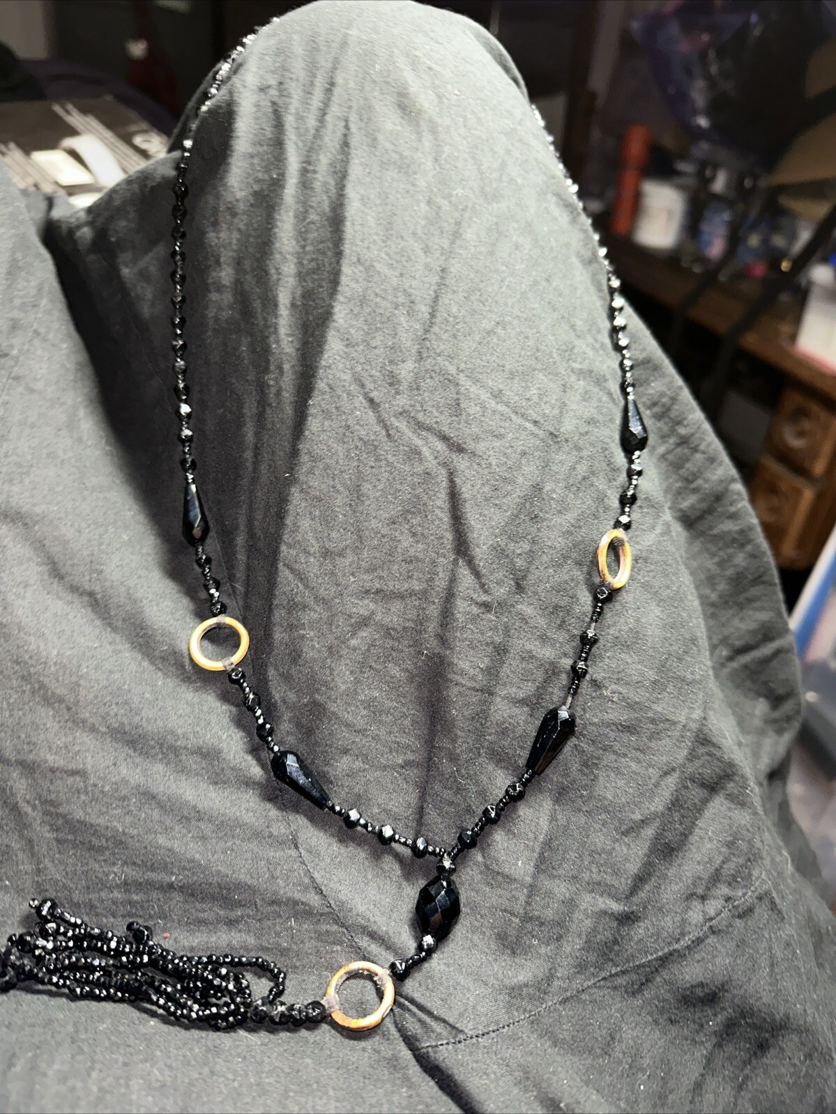 Women’s Black Beaded Mourning Sautoir Opera Length Necklace Jet Crepe Satin Anti