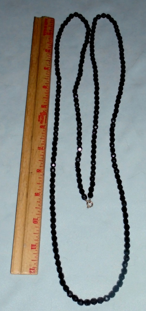 Jet Black Glass Beaded 48″ Necklace 1/4″ Faceted Beads VTG FREE SHIP