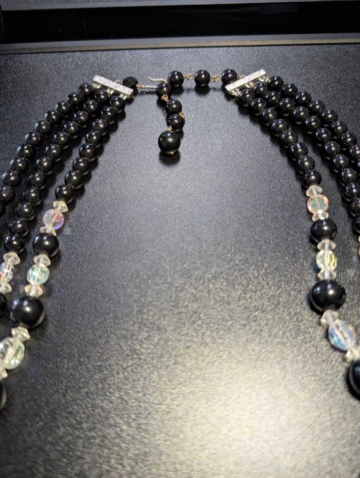Vintage 1950s Black Aurora Borealis AB Crystal Bead Necklace 3 Strand Multi Bib