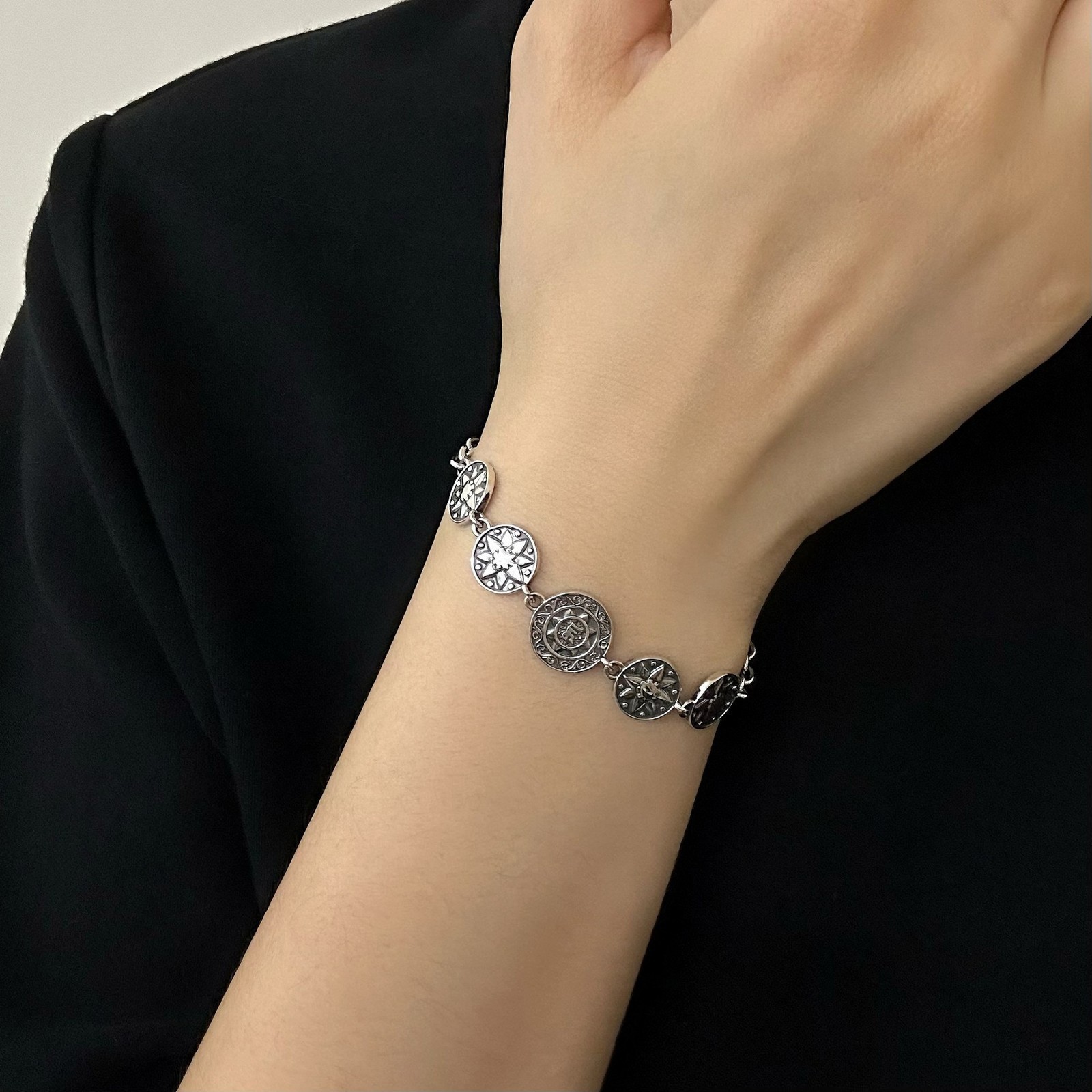 Tibetan Five Wealth God Enamel Station Bracelet Reversible Amulet S925 Silver