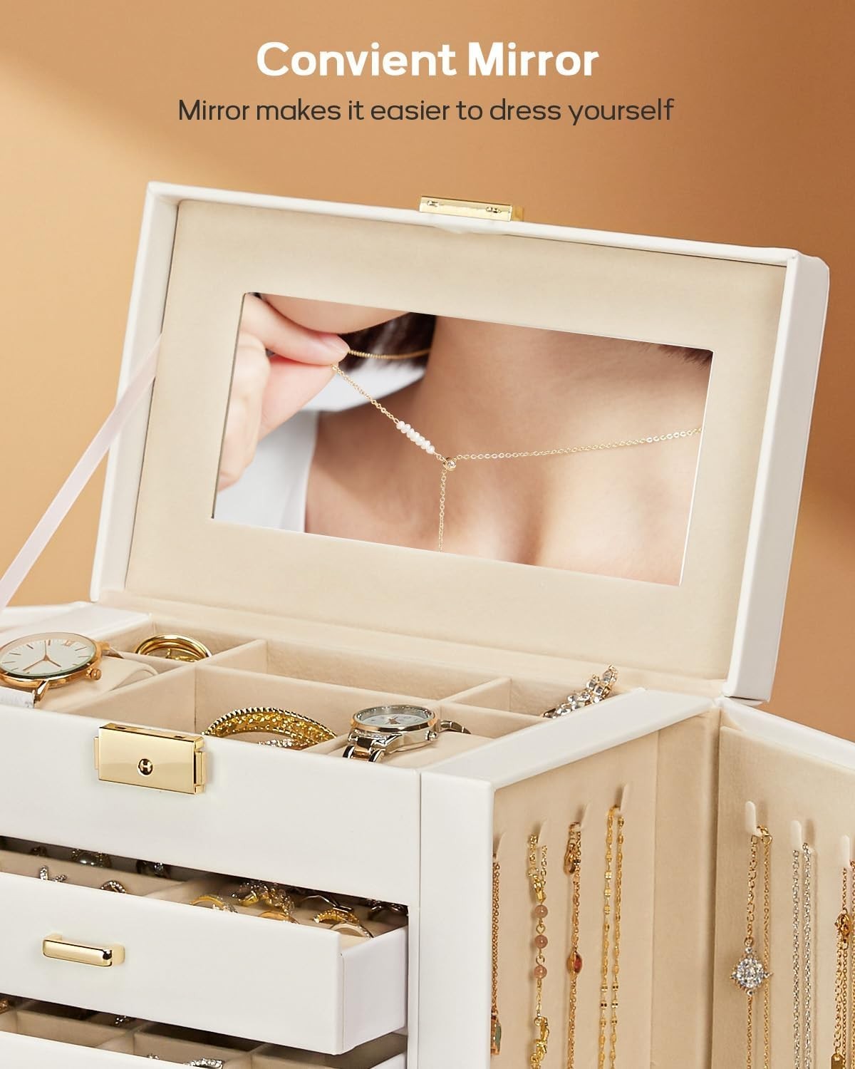 Stylish Jewelry and Watch Organizer – White Faux Leather, Lockable Design