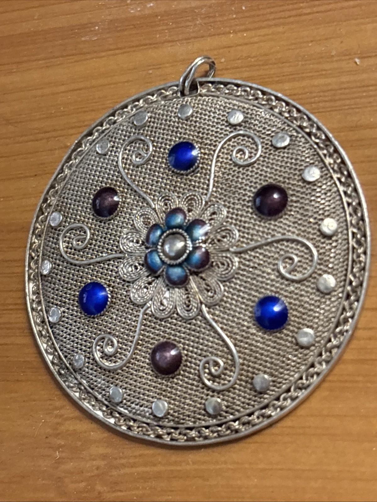 Vintage Chinese Export SILVER Gilt Filigree Cloisonne Necklace Pendant 1960’s